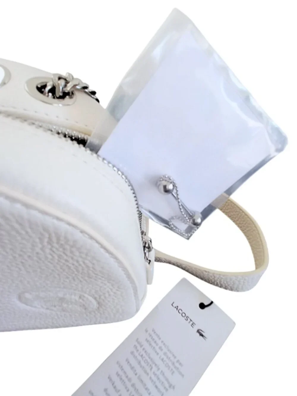 Lacoste NWT White Croco Crew Grained Leather Zip Crossbody Bag - Silver Chain - Picture 10 of 15
